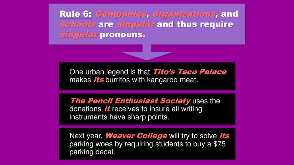 Rule 6: Companies, organizations, and schools are singular and thus require singular pronouns.