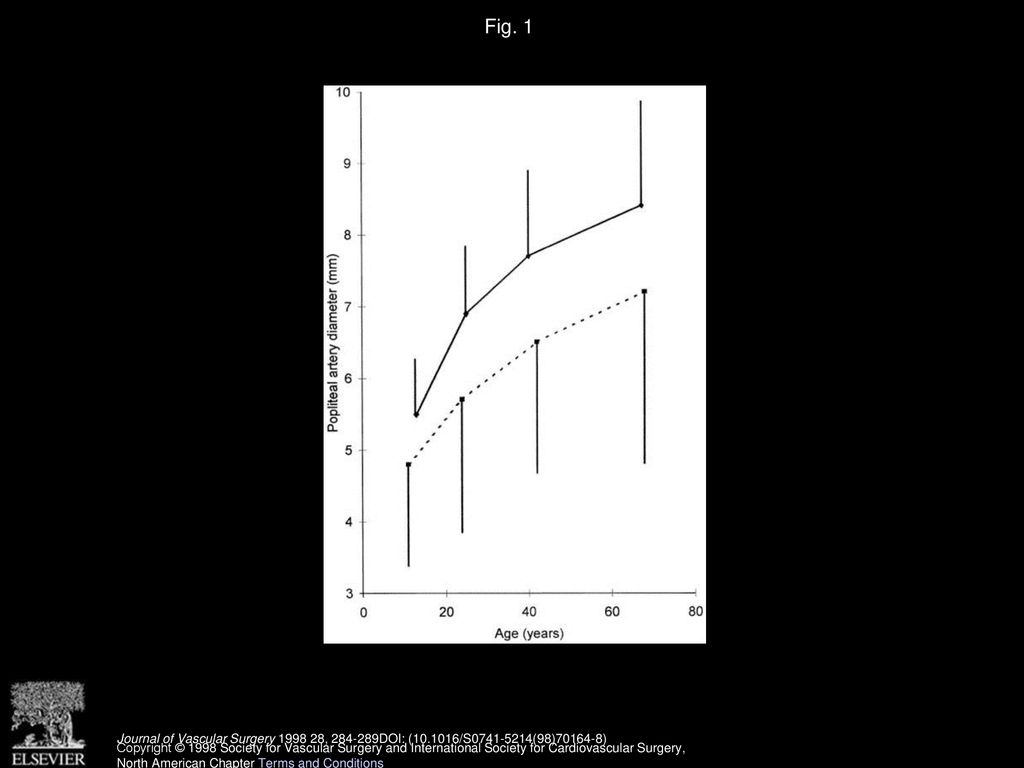 Fig. 1 Mean popliteal artery diameter in relation to age in healthy male (—) and female (---) subjects.