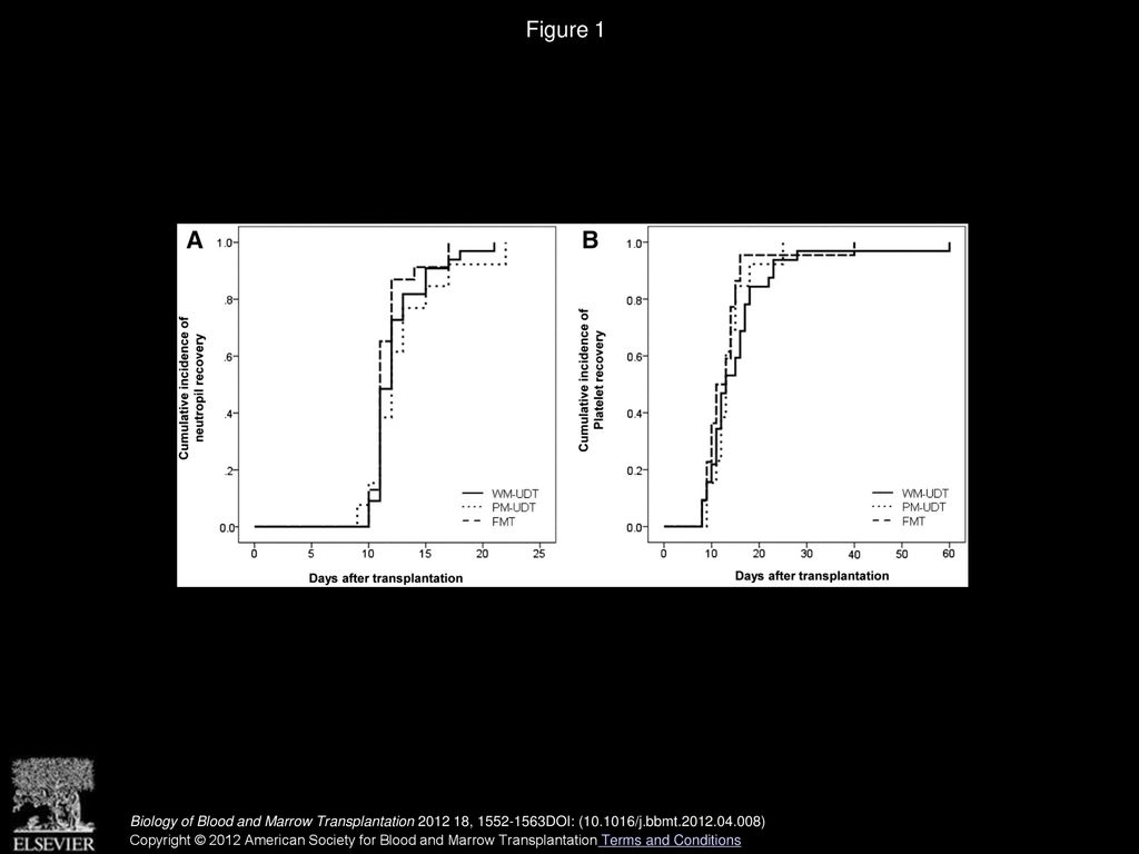 Figure 1 Engraftment according to donor type. (A) Neutrophil engraftment. (B) Platelet engraftment.