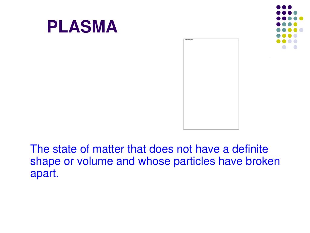 PLASMA The state of matter that does not have a definite shape or volume and whose particles have broken apart.