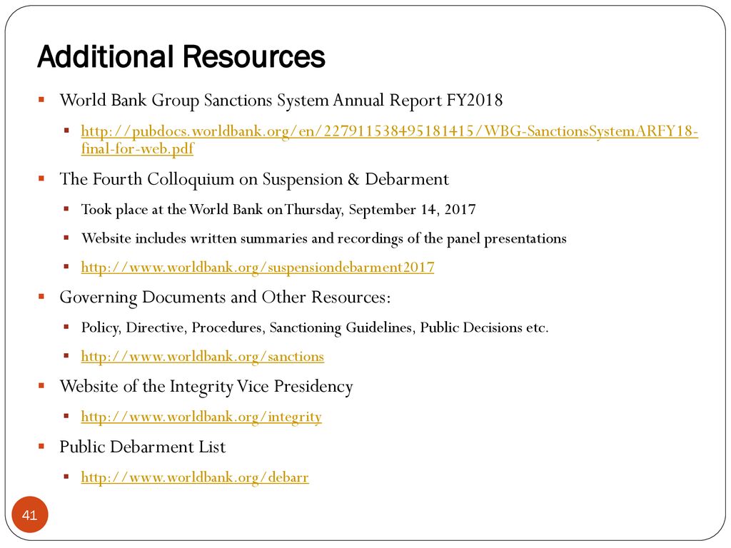 The World Bank's Sanctions System: The Use of Suspension and Debarment to  Combat Fraud and Corruption in International Development The George  Washington. - ppt download