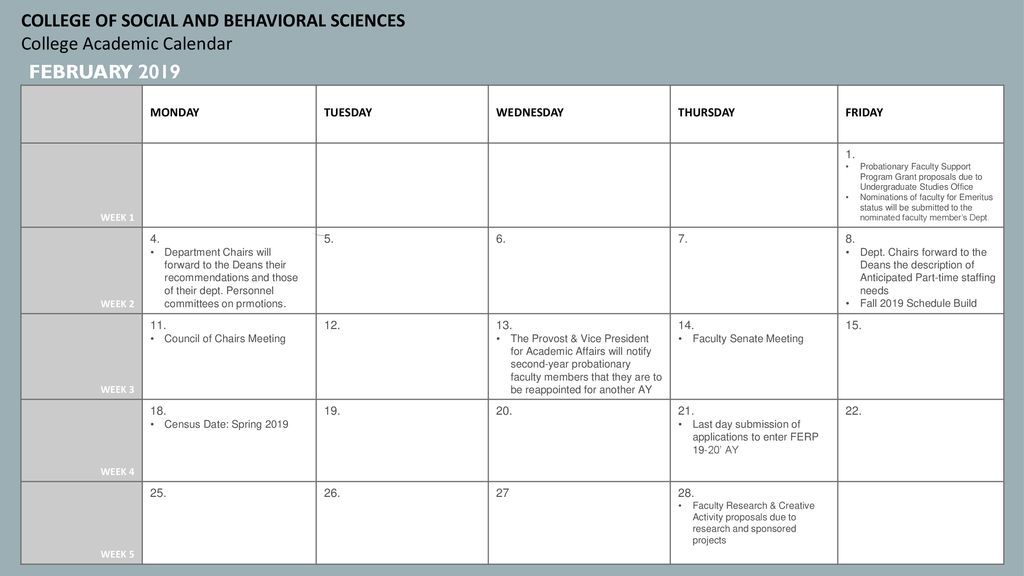 COLLEGE OF SOCIAL AND BEHAVIORAL SCIENCES College Academic Calendar ...