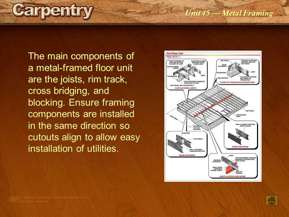 The main components of a metal-framed floor unit are the joists, rim track, cross bridging, and blocking. Ensure framing components are installed in the same direction so cutouts align to allow easy installation of utilities.