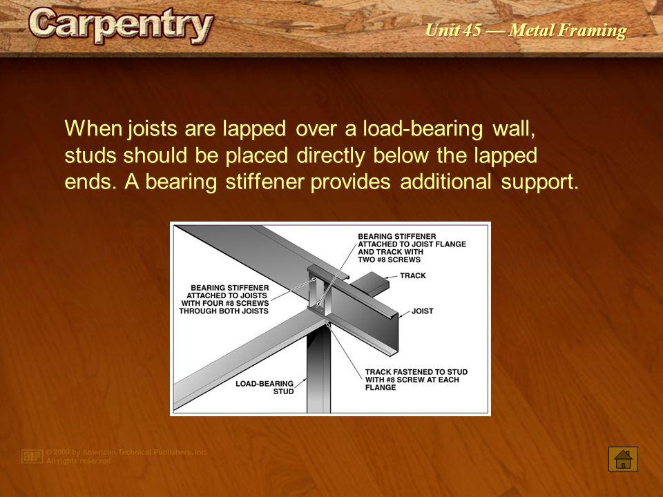 When joists are lapped over a load-bearing wall, studs should be placed directly below the lapped ends. A bearing stiffener provides additional support.