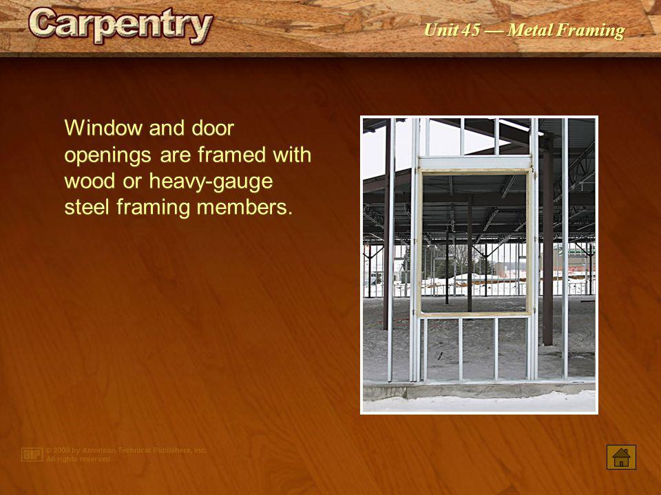 Window and door openings are framed with wood or heavy-gauge steel framing members.
