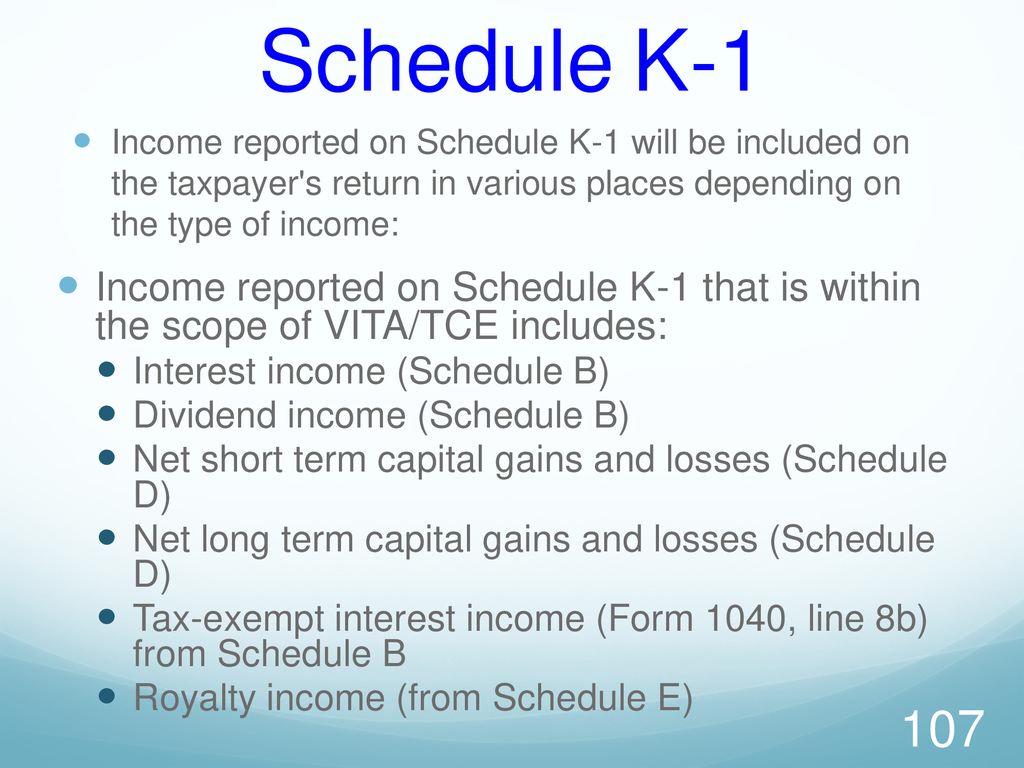 Schedule K-1 Income reported on Schedule K-1 will be included on the taxpayer s return in various places depending on the type of income: