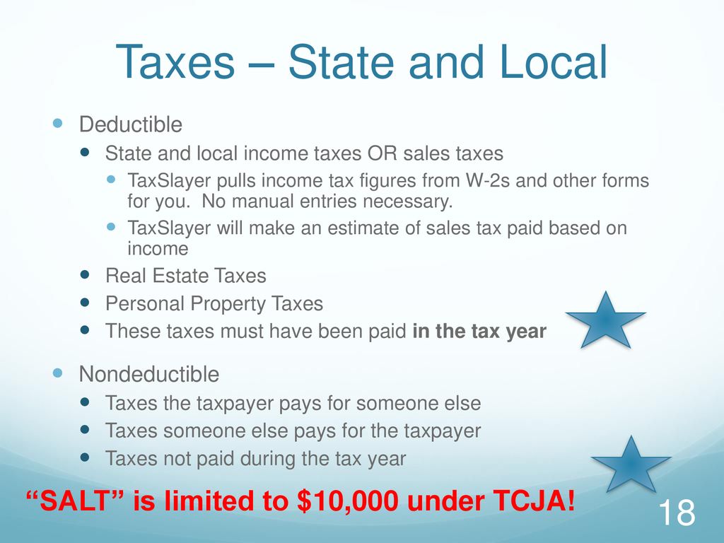 Taxes – State and Local SALT is limited to $10,000 under TCJA!