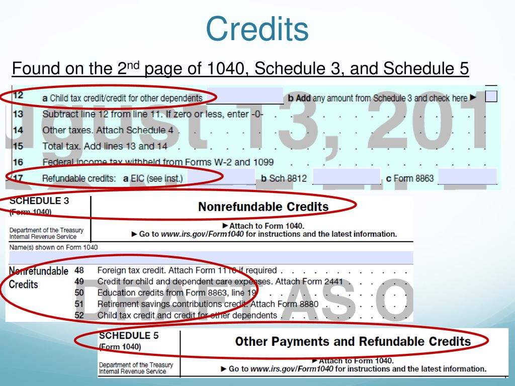 Credits Found on the 2nd page of 1040, Schedule 3, and Schedule 5