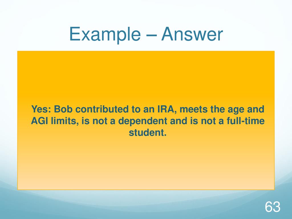 Example – Answer Yes: Bob contributed to an IRA, meets the age and AGI limits, is not a dependent and is not a full-time student.