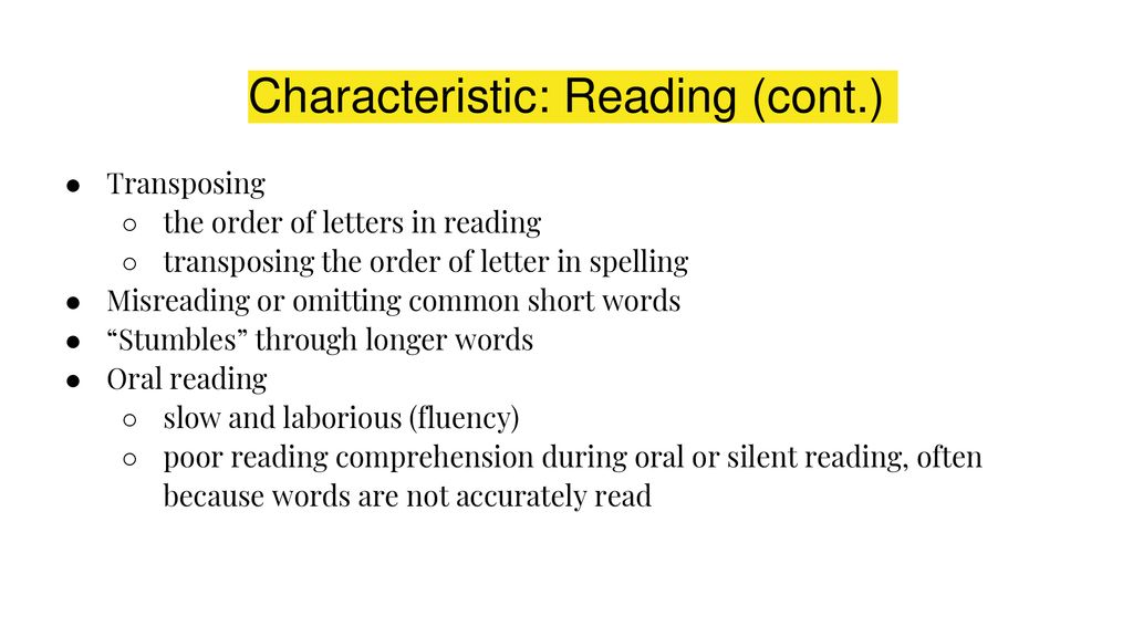 Characteristic: Reading (cont.)