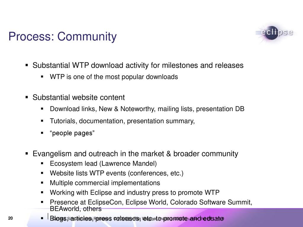 Process: Community Substantial WTP download activity for milestones and releases. WTP is one of the most popular downloads.