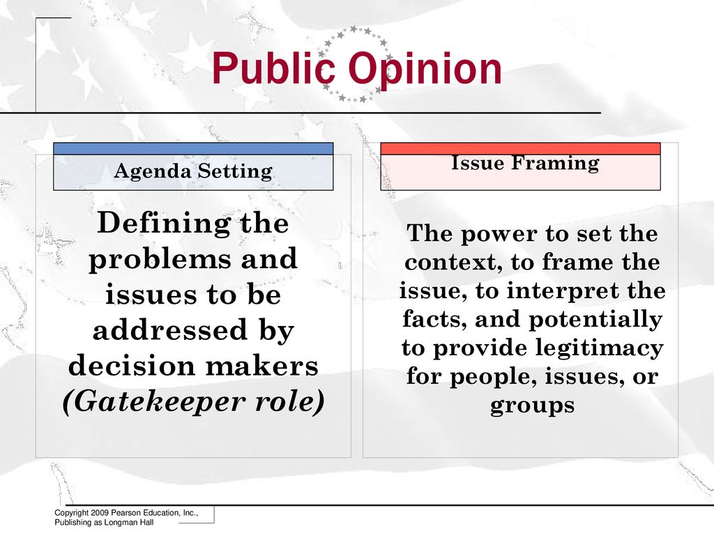 Public Opinion Issue Framing. Agenda Setting. Defining the problems and issues to be addressed by decision makers (Gatekeeper role)