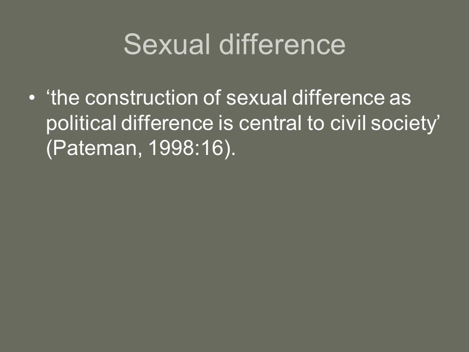 Sexual difference ‘the construction of sexual difference as political difference is central to civil society’ (Pateman, 1998:16).