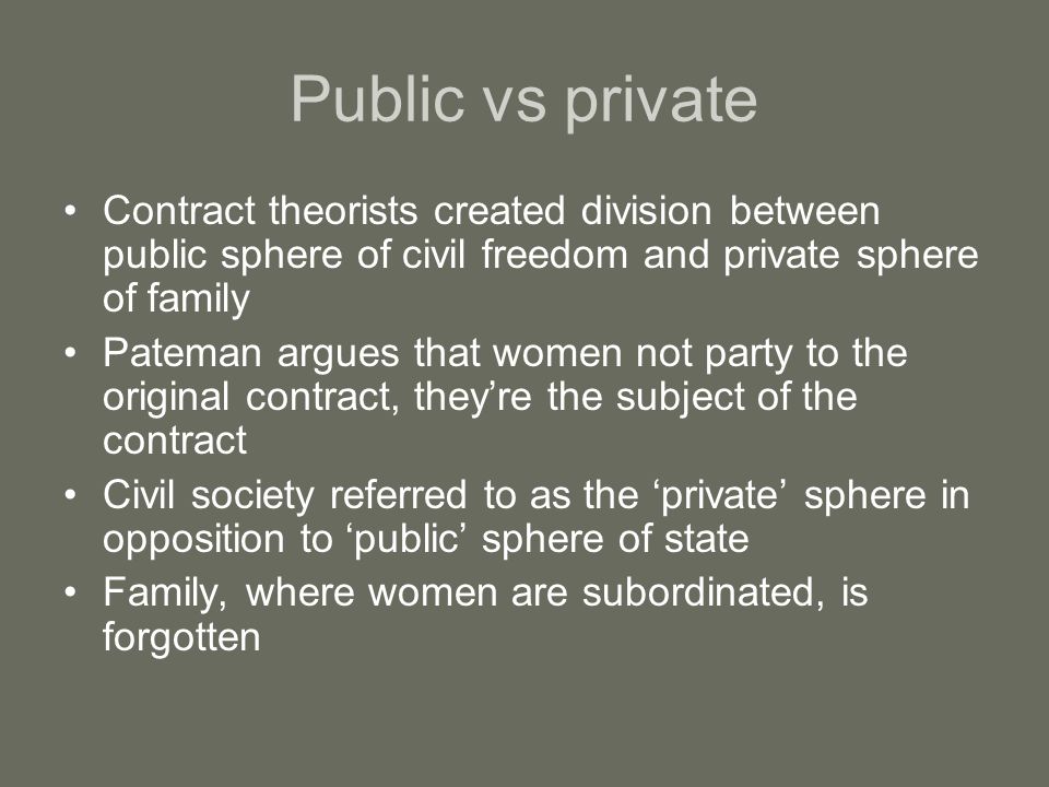 Public vs private Contract theorists created division between public sphere of civil freedom and private sphere of family.