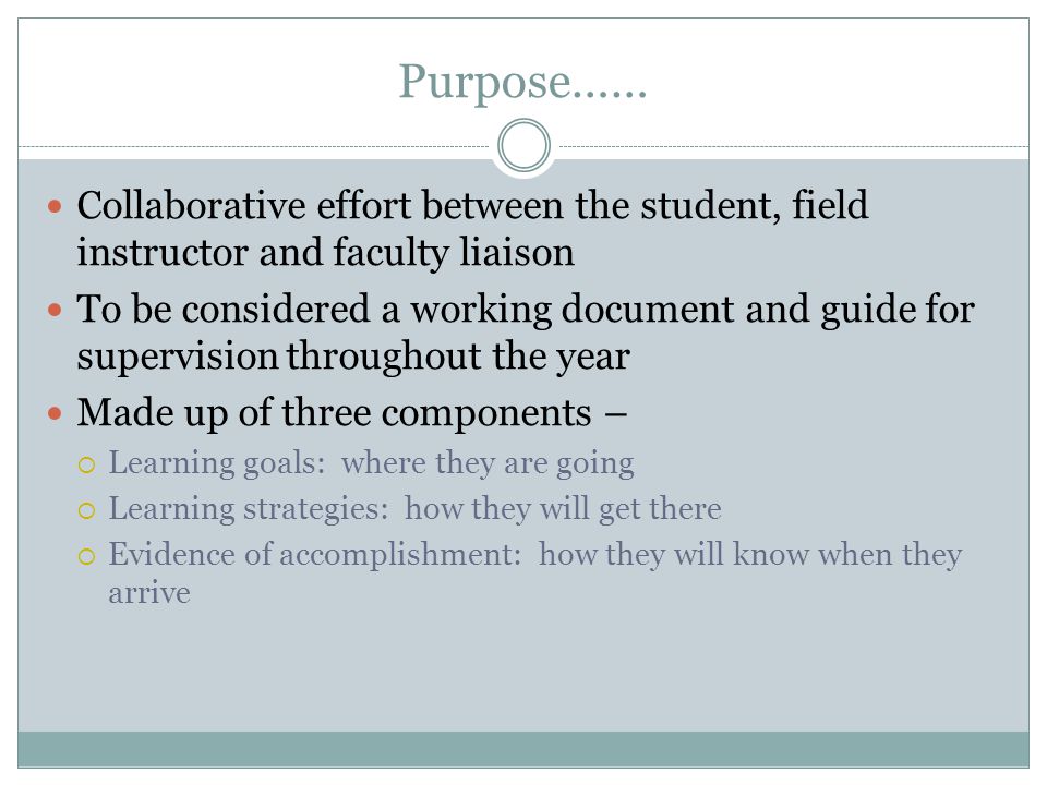 Purpose…… Collaborative effort between the student, field instructor and faculty liaison.