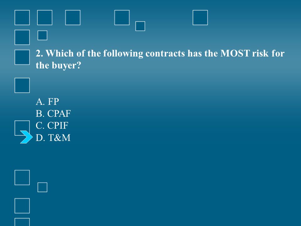 2. Which of the following contracts has the MOST risk for the buyer