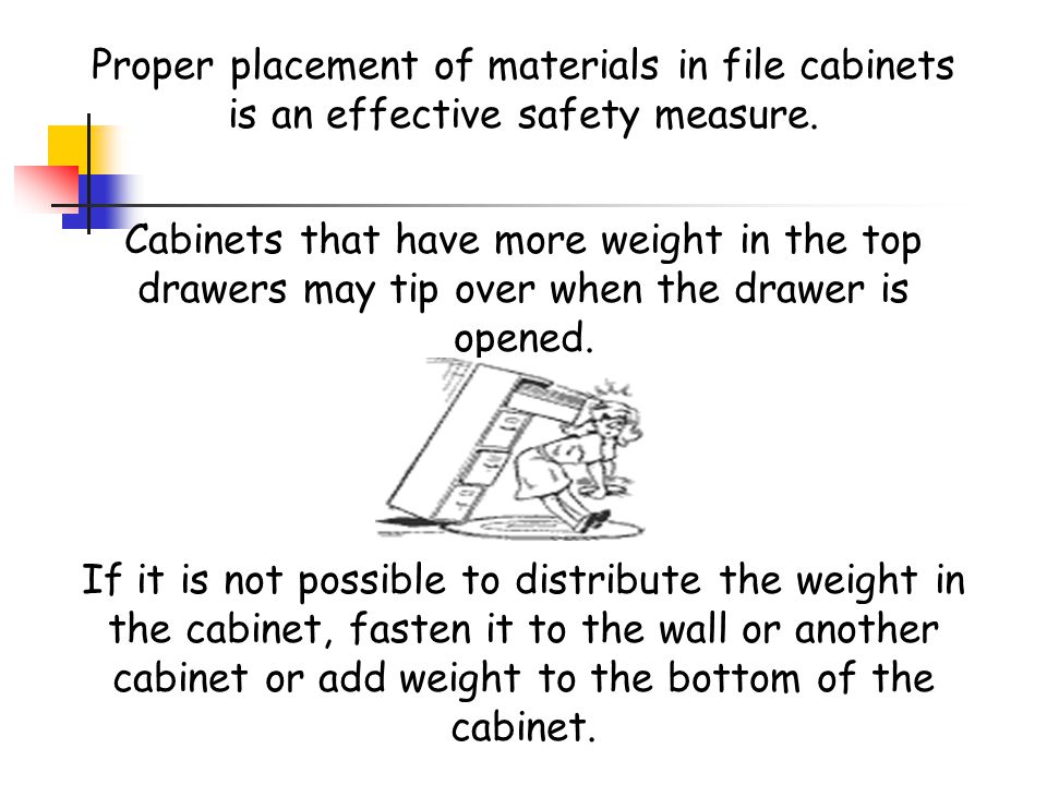 Proper placement of materials in file cabinets is an effective safety measure.