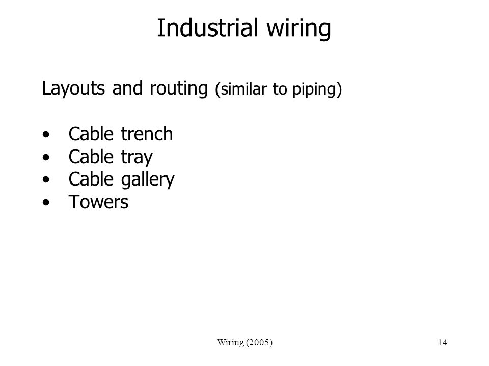 Industrial wiring Layouts and routing (similar to piping) Cable trench