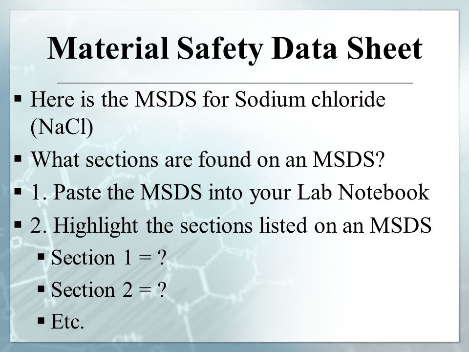 Material Safety Data Sheets Hazards in the Lab Chemical Classes - ppt video  online download