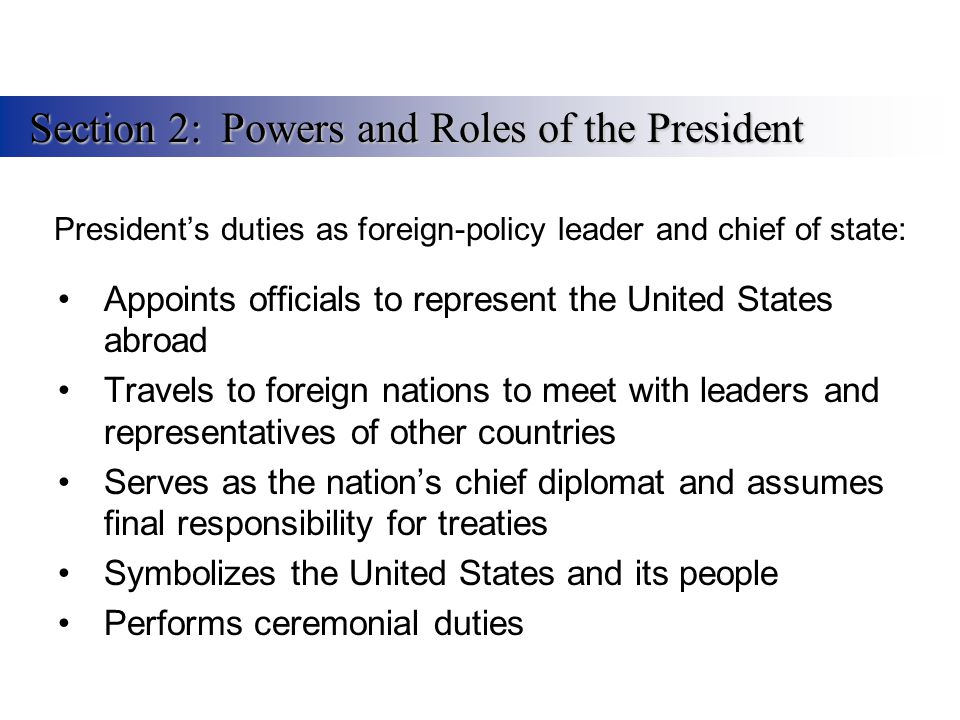 President’s duties as foreign-policy leader and chief of state:
