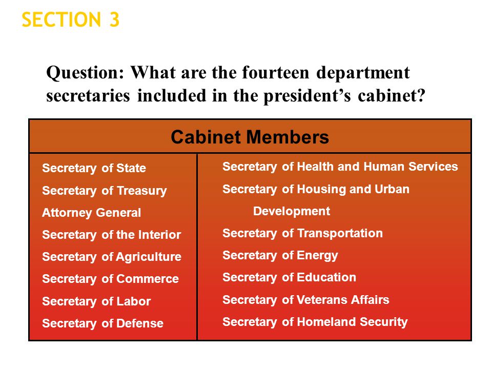 SECTION 3 Question: What are the fourteen department secretaries included in the president’s cabinet