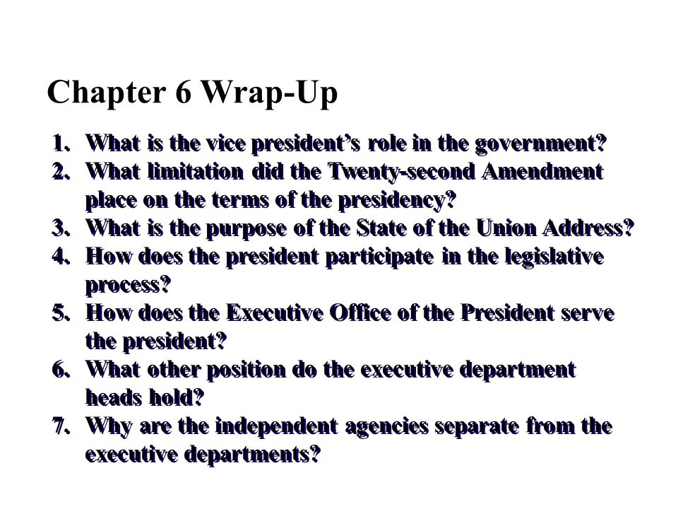 Chapter 6 Wrap-Up 1. What is the vice president’s role in the government