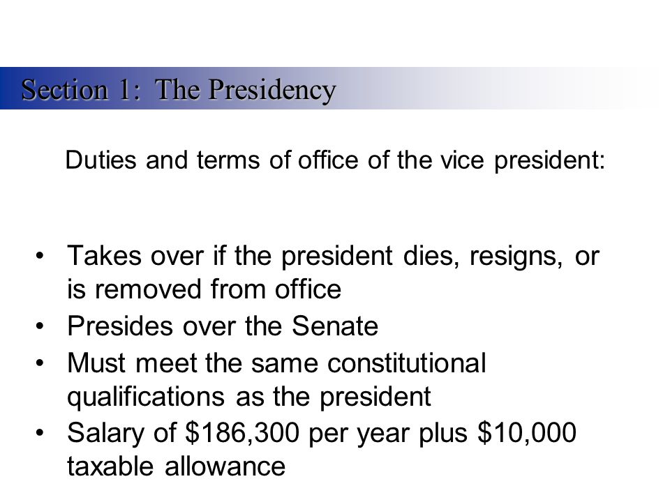 Duties and terms of office of the vice president: