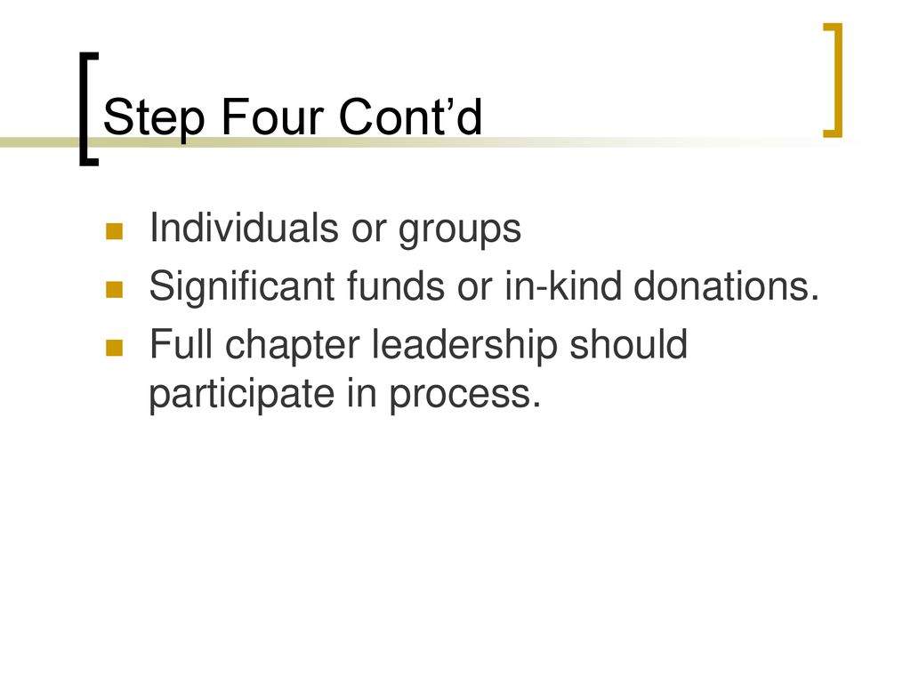 Step Four Cont’d Individuals or groups