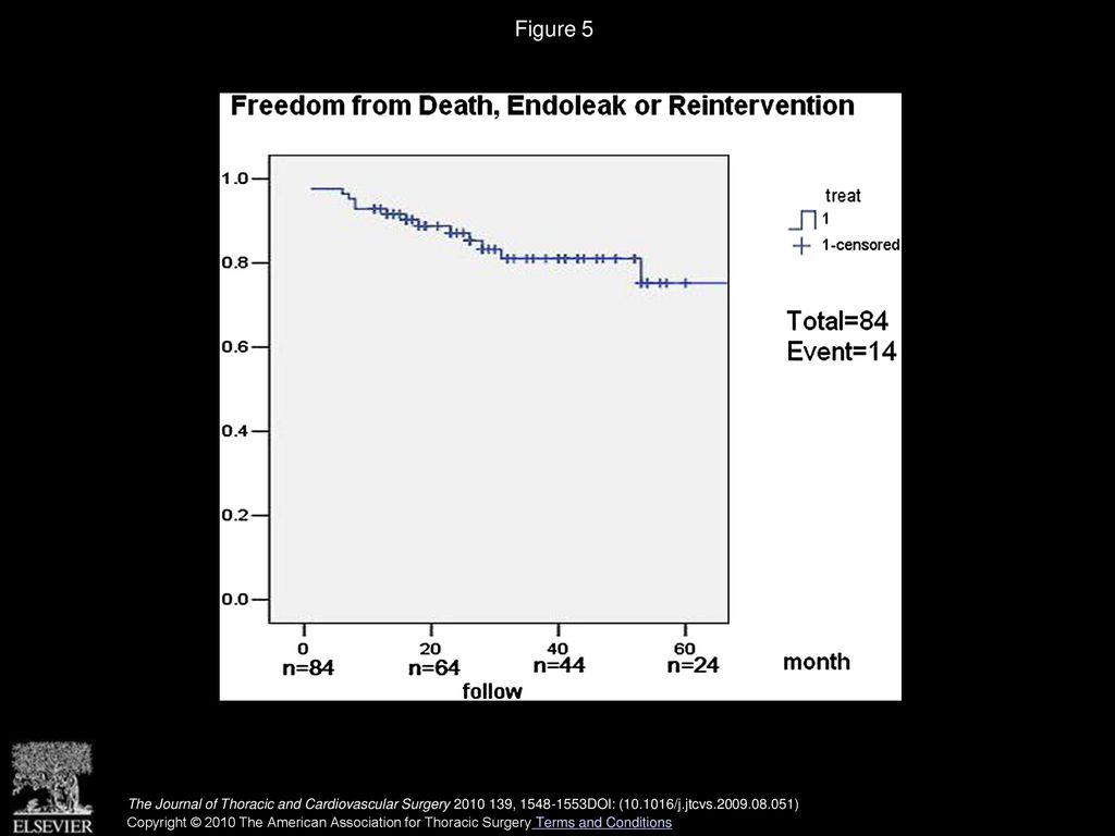 Figure 5 Kaplan–Meier curve shows freedom from death, endoleak, and reintervention at 7 years of 75.2%.