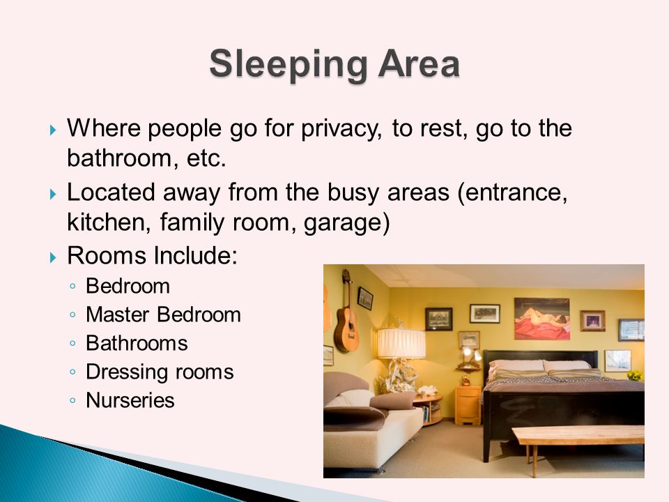 Sleeping Area Where people go for privacy, to rest, go to the bathroom, etc.