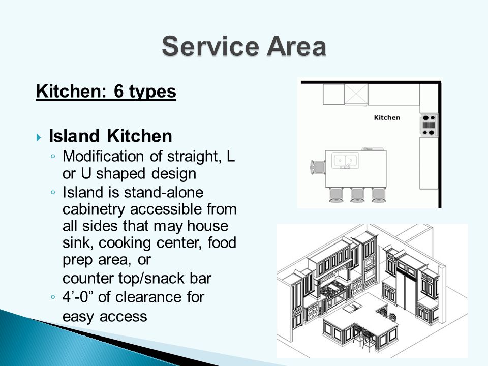 Service Area Kitchen: 6 types Island Kitchen