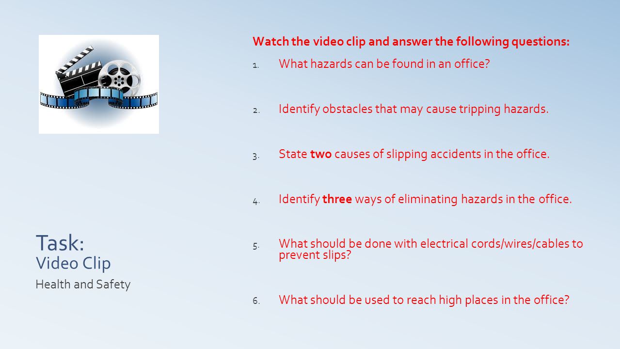 Task: Video Clip Watch the video clip and answer the following questions: What hazards can be found in an office