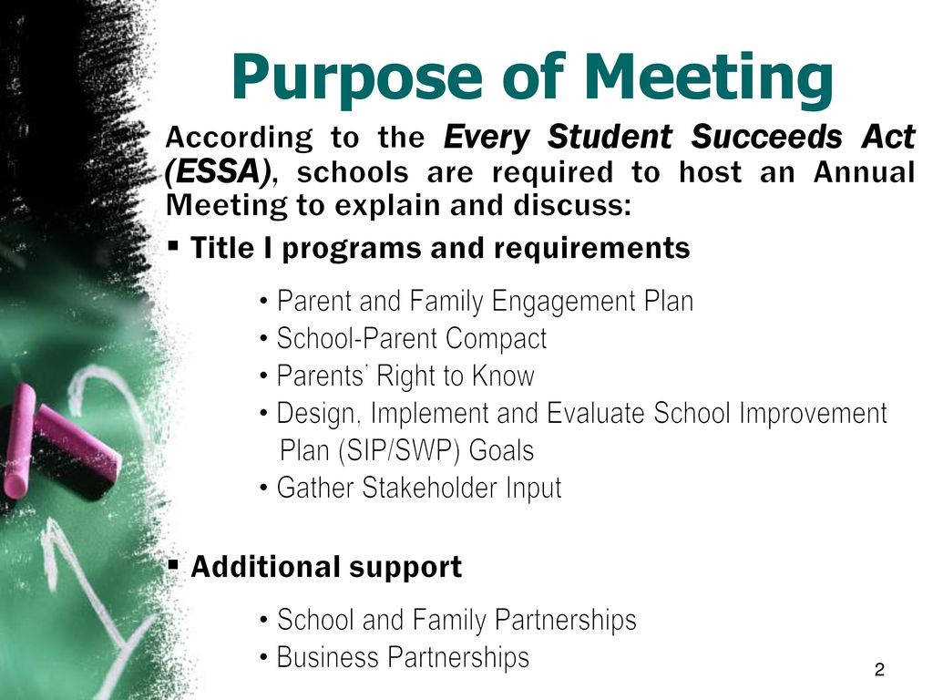 Purpose of Meeting Title I programs and requirements