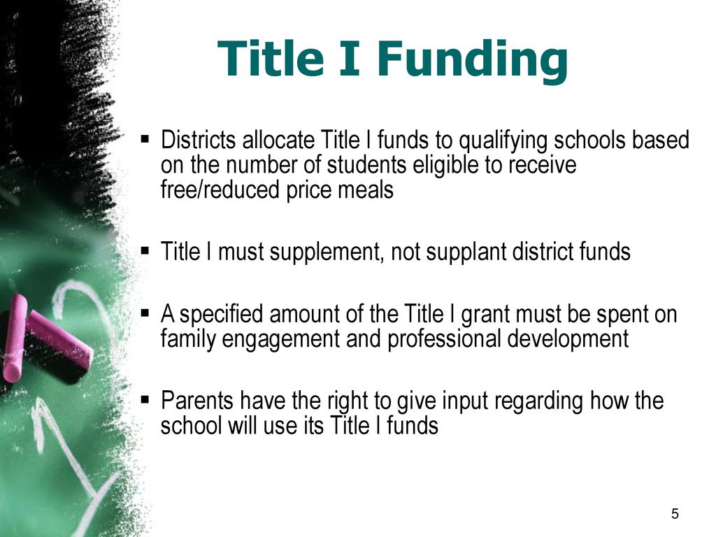 Title I Funding Districts allocate Title I funds to qualifying schools based on the number of students eligible to receive free/reduced price meals.