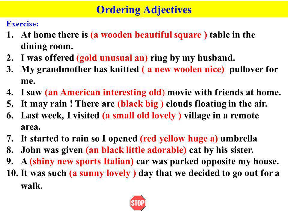 Order значение. Order of adjectives. Order of adjectives упражнения. Order of adjectives упражнения 7 класс. Adjectives Word order exercises.