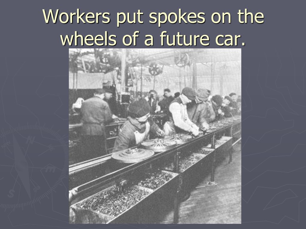 Workers put spokes on the wheels of a future car.