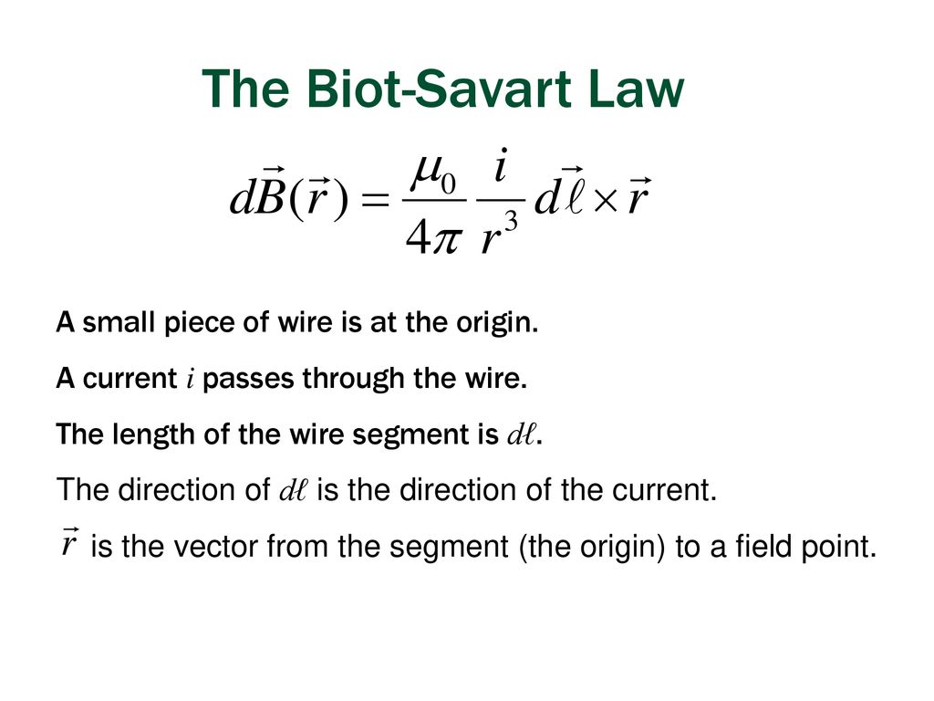 The Biot-Savart Law A small piece of wire is at the origin.