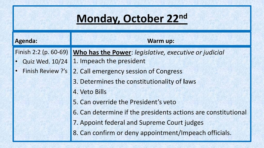 Monday October 22nd Agenda: Warm up: Finish 2:2 (p ) Quiz Wed 10/24
