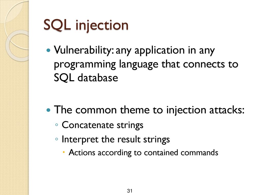 SQL injection Vulnerability: any application in any programming language that connects to SQL database.