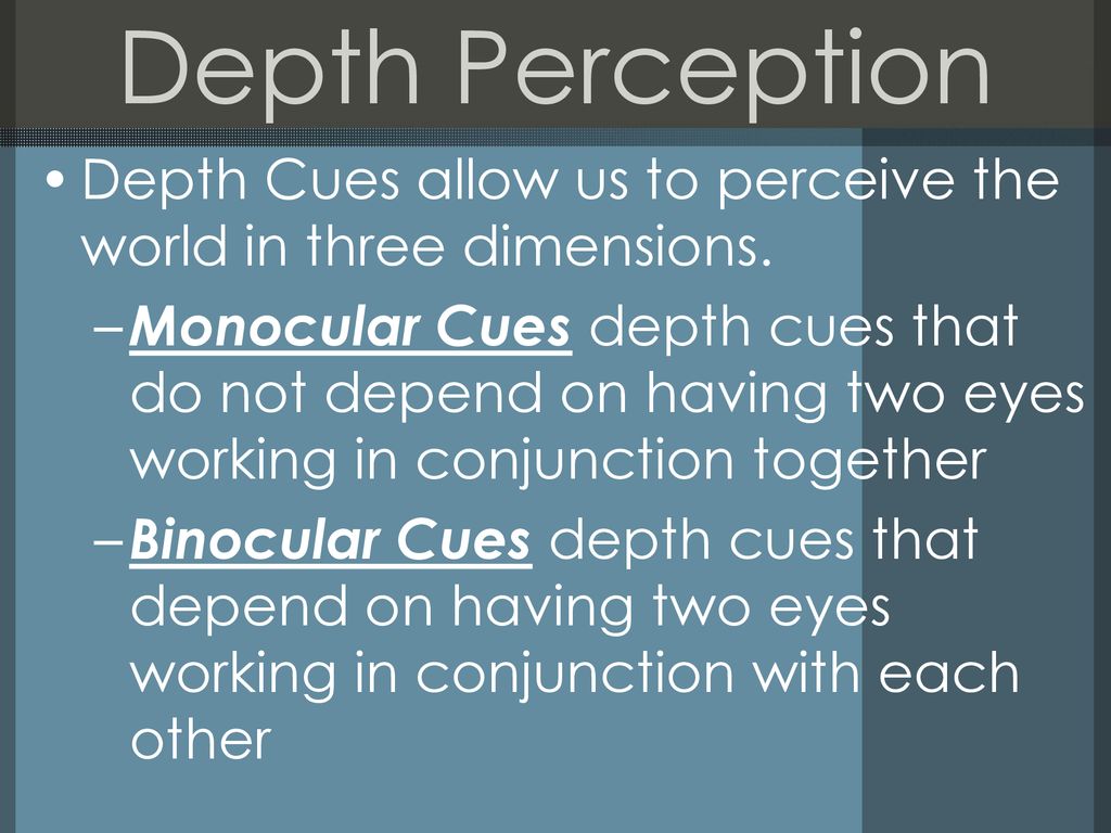 Depth Perception Depth Cues allow us to perceive the world in three dimensions.