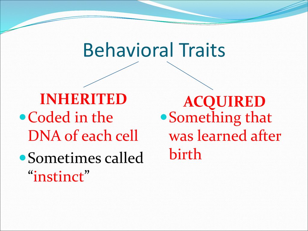 Behavioral Traits INHERITED ACQUIRED Coded in the DNA of each cell