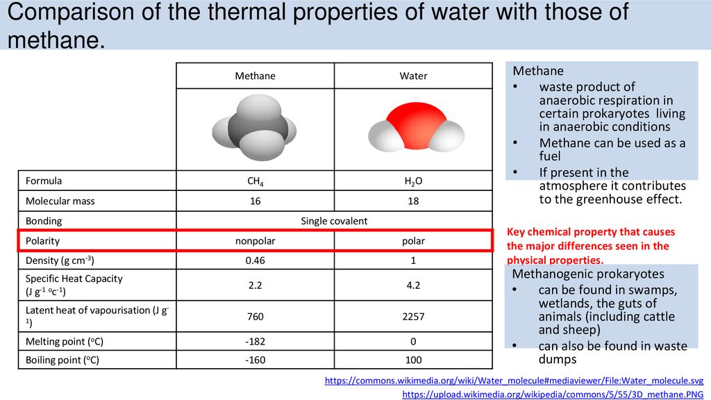 Comparison of the thermal properties of water with those of methane.