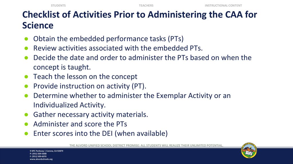 Checklist of Activities Prior to Administering the CAA for Science