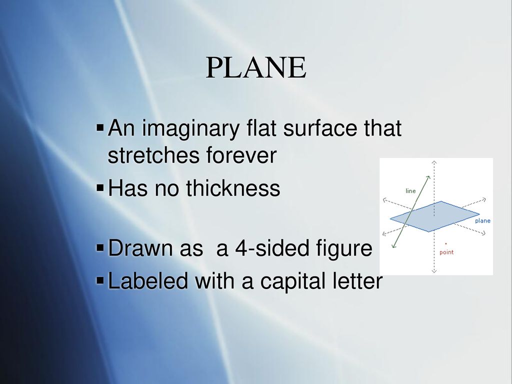 PLANE An imaginary flat surface that stretches forever