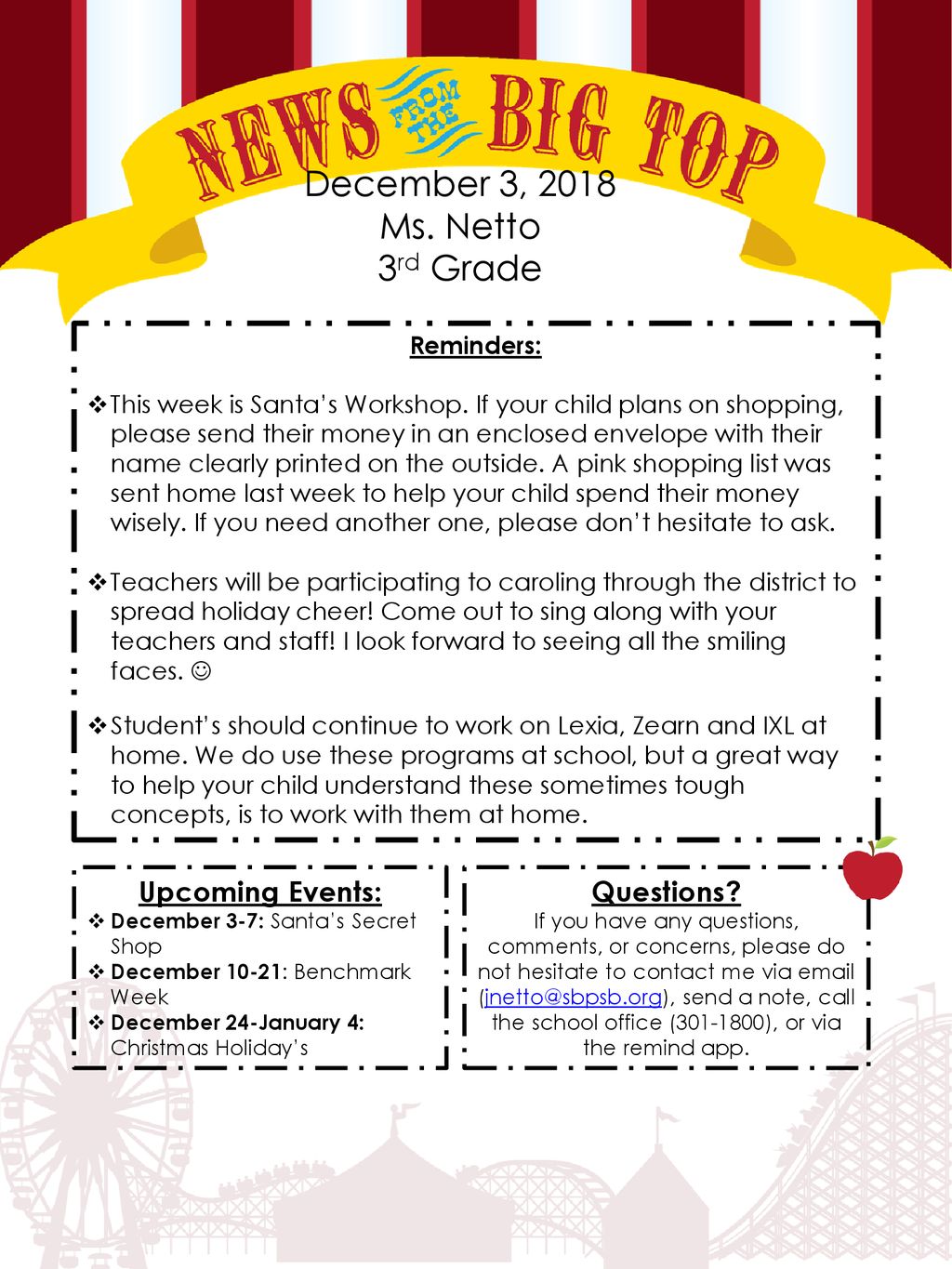 December 3 2018 Ms Netto 3rd Grade Upcoming Events Questions