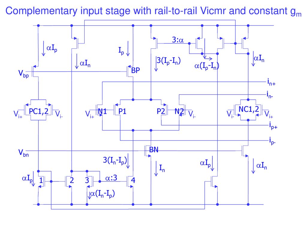 Complementary input stage with rail-to-rail Vicmr and constant gm