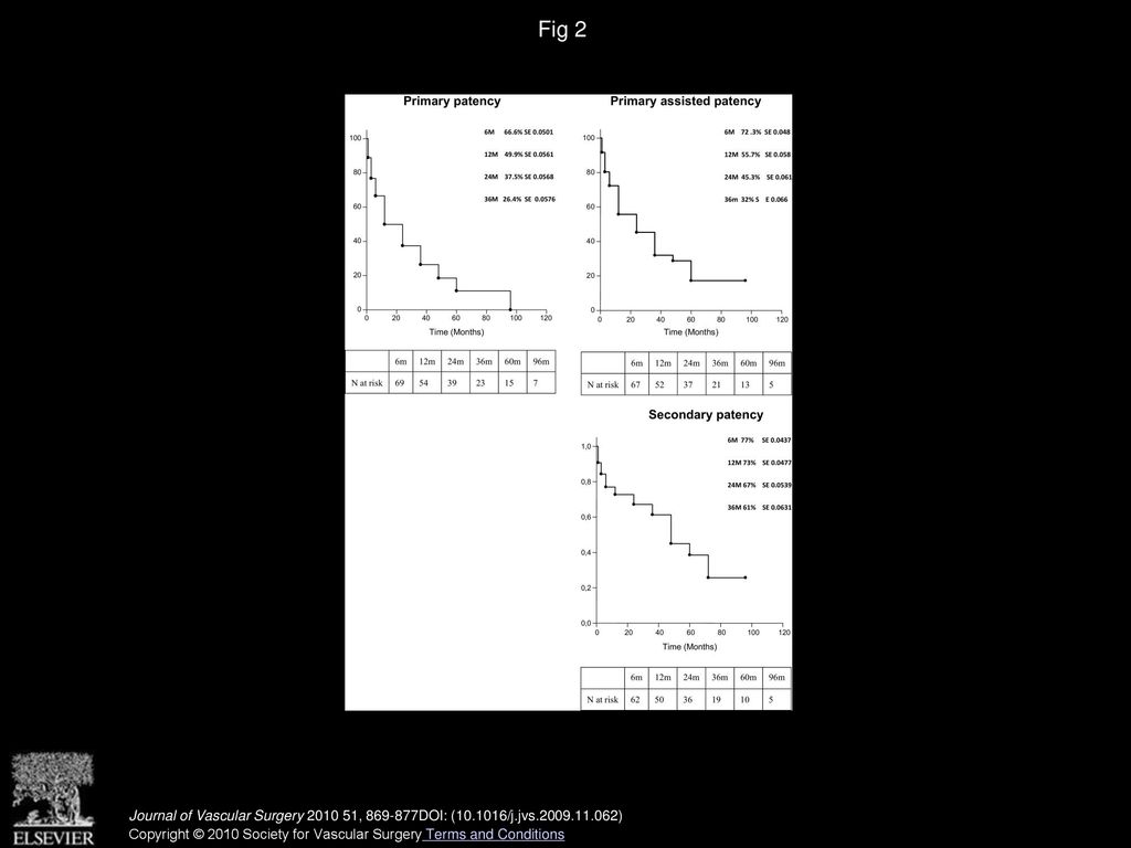 Fig 2 Kaplan-Meier analysis is shown for (Left) primary patency and (Right) secondary patency rates. The standard error (SE) is <10% at all points.