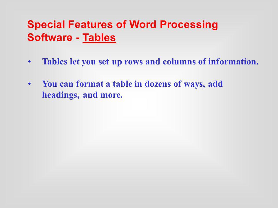 Special Features of Word Processing Software - Tables
