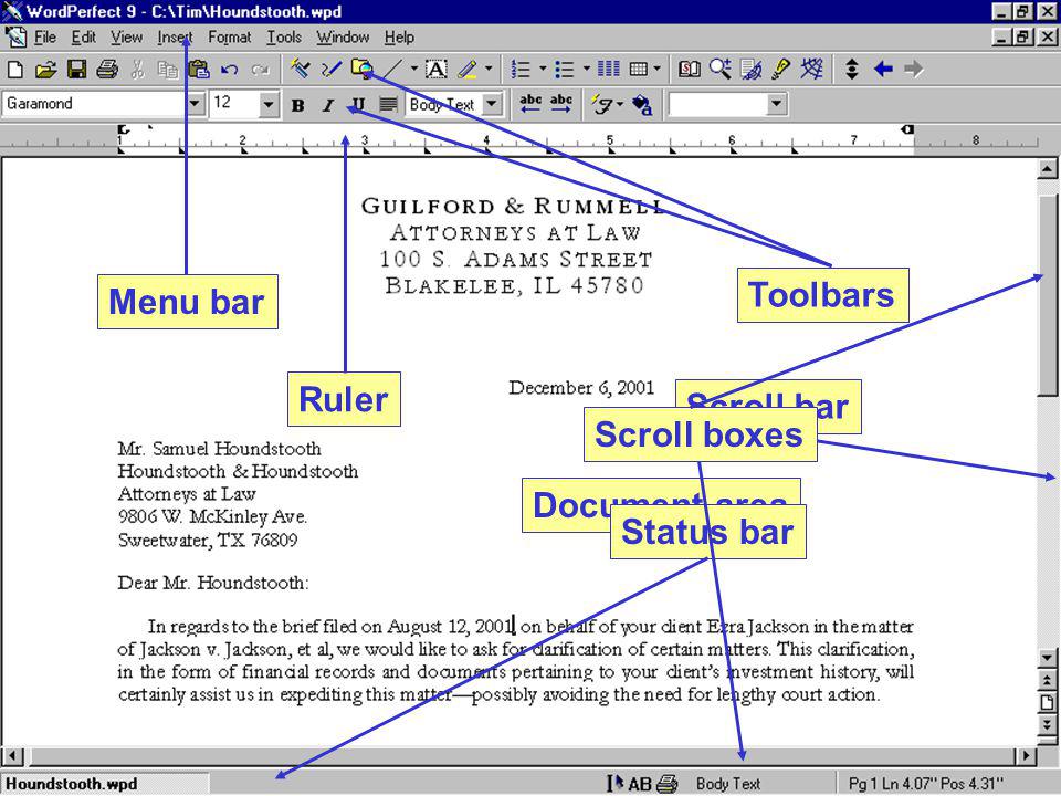 Menu bar Toolbars Ruler Scroll boxes Scroll bar Document area Status bar