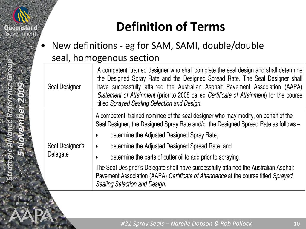 Definition of Terms New definitions - eg for SAM, SAMI, double/double seal, homogenous section